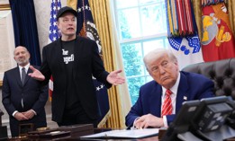 Elon Musk speaks alongside President Donald Trump to reporters in the Oval Office of the White House on May 30, 2025. Musk's deferred resignation program contributed to more than 134,000 resignations or retirements in the first have of 2025.