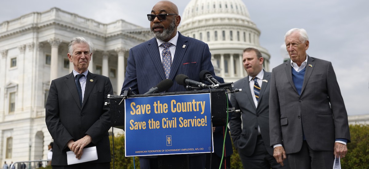 American Federation of Government Employees National President Everett Kelley speaks alongside Rep. Don Beyer, D-Va., at a press conference on federal workforce rights outside the U.S. Capitol on March 28, 2025. Lawmakers and union leaders spoke out against President Donald Trump's executive order ending collective bargaining with federal labor unions. 