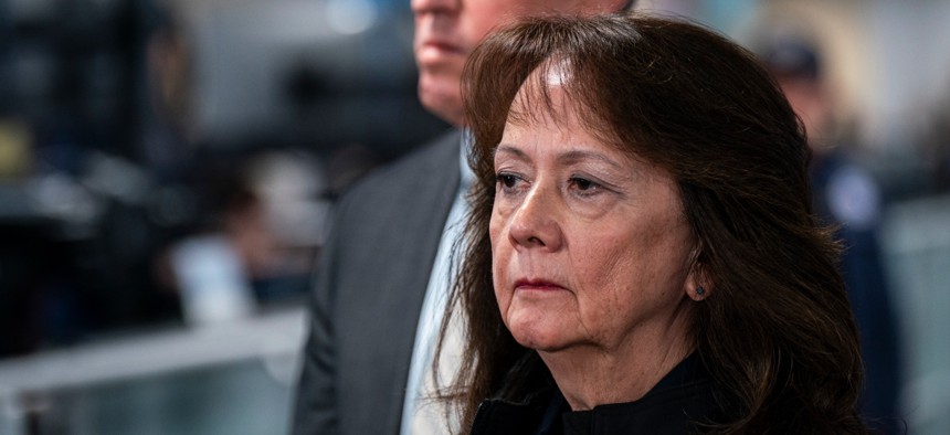 FEMA Administrator Karen Evans listens during a press conference in the National Response Coordination Center at FEMA headquarters on Jan. 24, 2026 in Washington, D.C. Evans testified last week that the agency's CORE workforce had grown too large, which former officials dispute.