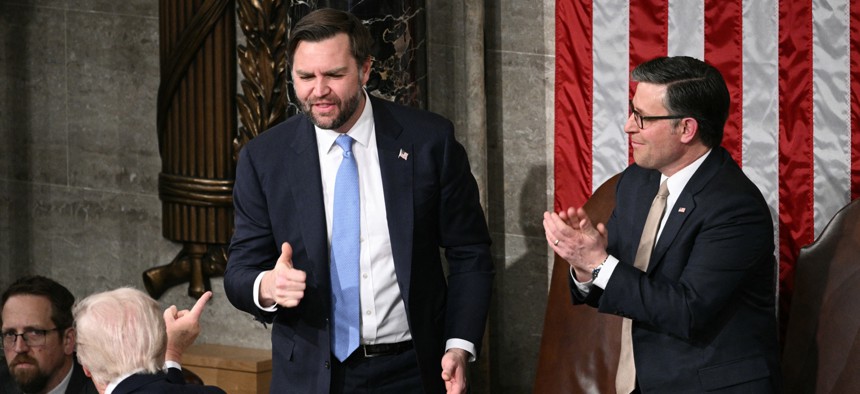 Vice President JD Vance gives a thumb's up as President Donald Trump delivers the State of the Union address in the House Chamber of the U.S. Capitol on Feb. 24, 2026.