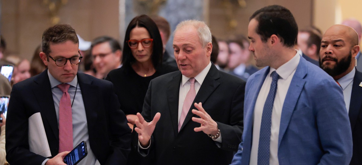 House Majority Leader Steve Scalise, R-La., speaks with reporters in the U.S. Capitol on Feb. 25, 2026. Scalise said that the House will vote on a DHS appropriations bill this week to end the department shutdown. 
