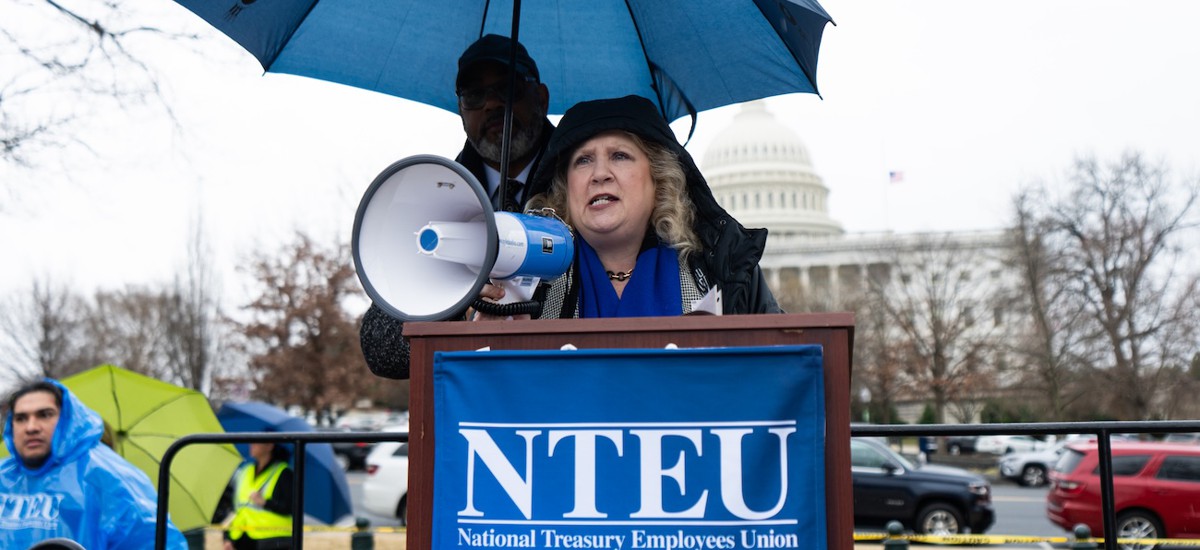 NTEU National President Doreen Greenwald during a rally in early 2025. On Tuesday she told reporters that President Trump’s 2025 executive order aimed at stripping two-thirds of the federal workforce of their collective bargaining rights was "illegal."
