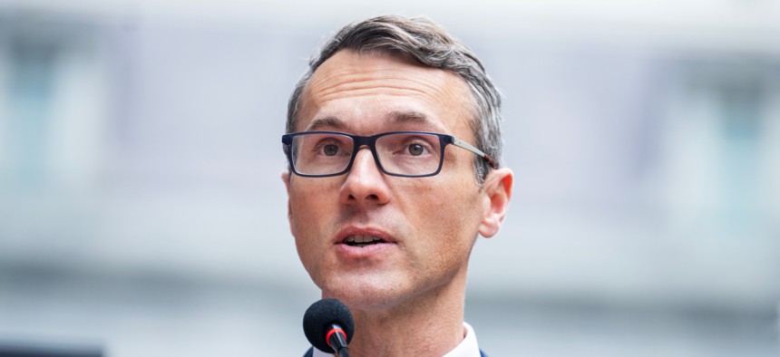 Rep. James Walkinshaw, D-Va., speaks during a news conference with Maryland and Virginia congressional Democrats on Oct. 14, 2025. Walkinshaw recently joined eight other Democrats in calling for more information about customer service delays at OPM.