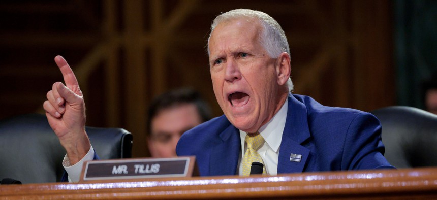 Sen. Thom Tillis, R-N.C., speaks as Homeland Security Secretary Kristi Noem testifies before the Senate Judiciary Committee on March 3. 