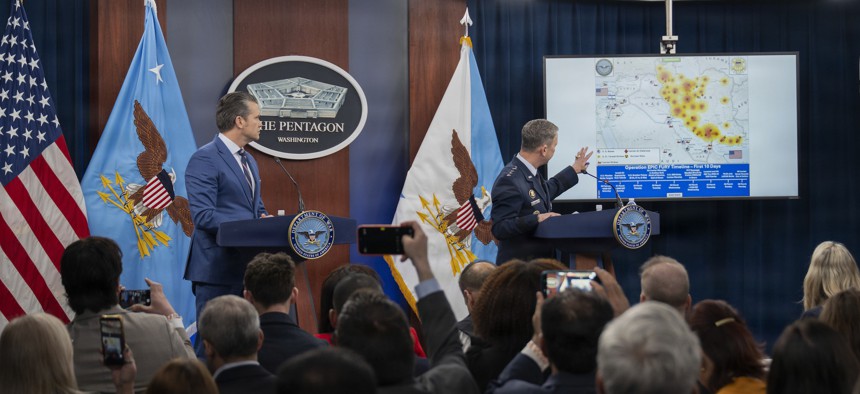 Defens Secretary Pete Hegseth and Chairman of the Joint Chiefs of Staff U.S. Air Force Gen. Dan Caine talk to reporters about the war on Iran at the Pentagon on March 10, 2026.