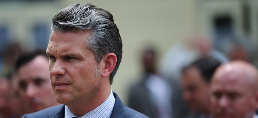 U.S. Defense Secretary Pete Hegseth tours an exhibit of Multi-Domain Autonomous systems at the Pentagon on July 16, 2025.