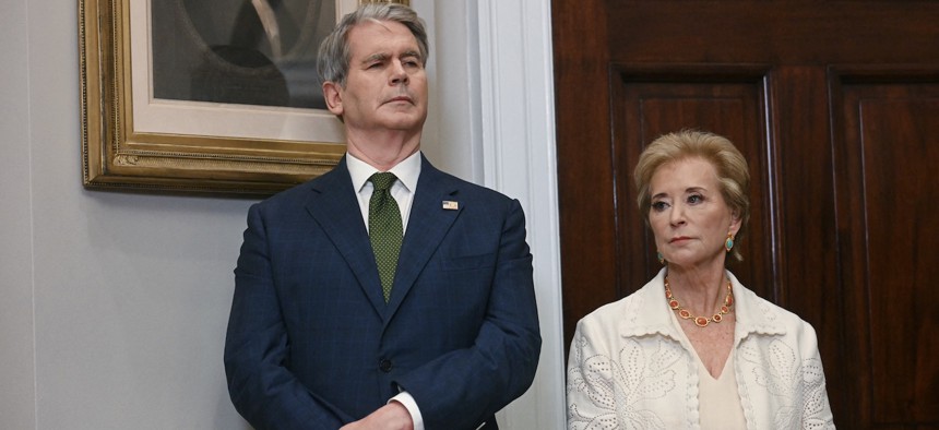 Treasury Secretary Scott Bessent and Education Secretary Linda McMahon in the Roosevelt Room of the White House on July 31, 2025. 