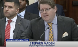 Agriculture Undersecretary Stephen Vaden (right) testifies about the department's reorganization plans in July 2025. 