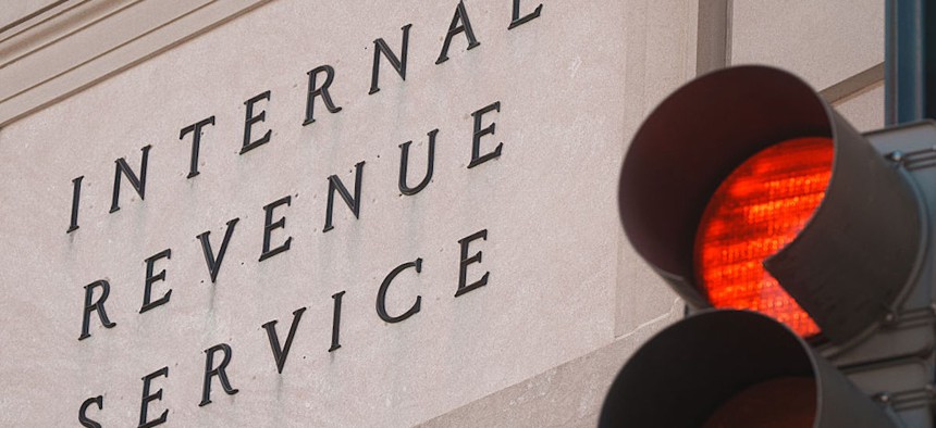 Internal Revenue Service is engraved over the entrannce to the headquarters building on March 24, 2026, in Washington, D.C.