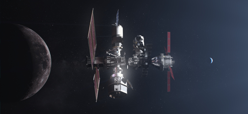 A rendering of the Lunar Gateway illustrates the modular design of the proposed station in lunar orbit. NASA leadership is currently proposing a strategic shift to move this technology from an orbital waypoint to a support role for the moon’s surface.