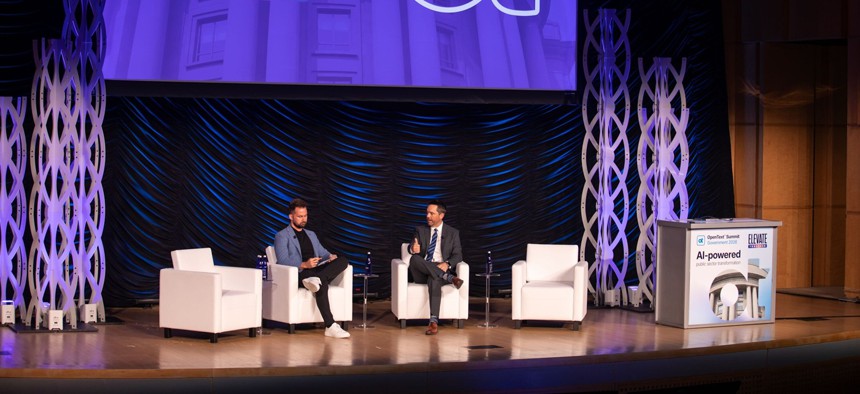 GSA Deputy Administrator Michael Lynch (R) speaks with Government Executive Editor-in-Chief Frank Konkel April 14 at the OpenText Government Summit in Washington, D.C.