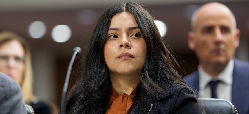 Marimar Martinez, who was shot five times by immigration enforcement agents in Chicago, testifies during a public forum on the violent use of force by Homeland Security Department agents at the Dirksen Senate Office Building on Feb. 3, 2026.