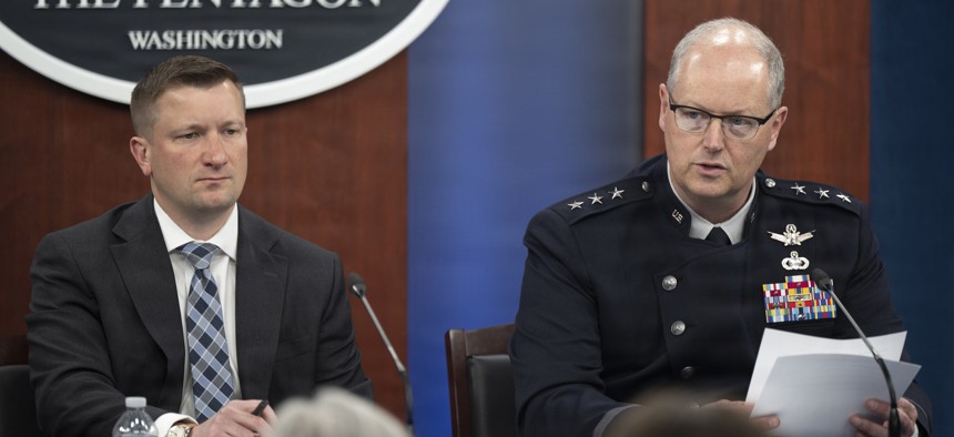 Jules W. Hurst III, who is performing the duties of Pentagon comptroller/chief financial officer, and Lt. Gen Steven P. Whitney, a Joint Staff director, brief reporters on DOD's 2027 budget proposal at the Pentagon on April 21, 2026.