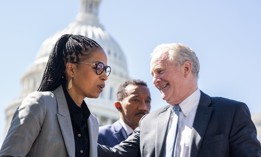 Sen. Angela Alsobrooks, D-Md., (left), and Sen. Chris Van Hollen, D-Md., (right) conduct a news conference outside the U.S. Capitol on Oct. 1, 2025. They recently submitted an amicus brief to the Supreme Court regarding the firing of MSPB member Cathy Harris. 