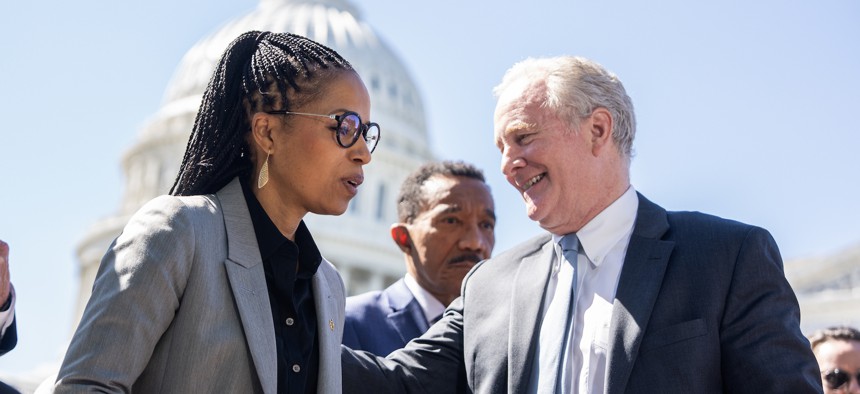 Sen. Angela Alsobrooks, D-Md., (left), and Sen. Chris Van Hollen, D-Md., (right) conduct a news conference outside the U.S. Capitol on Oct. 1, 2025. They recently submitted an amicus brief to the Supreme Court regarding the firing of MSPB member Cathy Harris. 