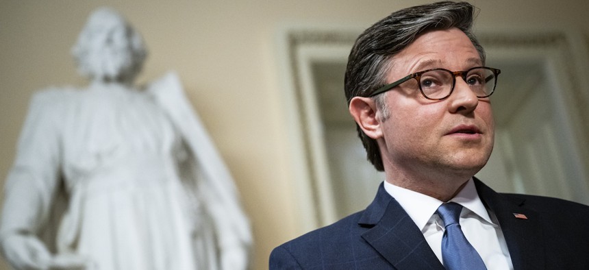 House Speaker Mike Johnson, R-La., speaks to reporters after passage of a Homeland Security Department funding bill, on April 30, 2026 at the U.S. Capitol. DHS has been shutdown for weeks as a funding patch is worked out between House and Senate Republicans.