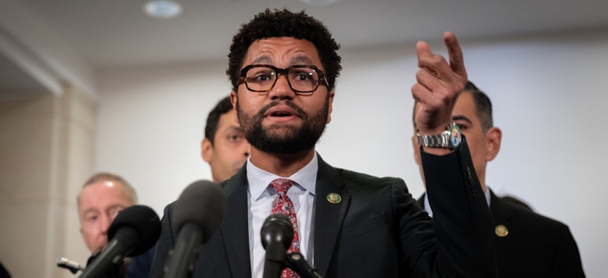 Rep. Maxwell Frost, D-Fla., speaks to reporters at the U.S. Capitol on March 18, 2026. He is a member of the House Oversight Committee, which has jurisdiction over the U.S. Postal Service. 