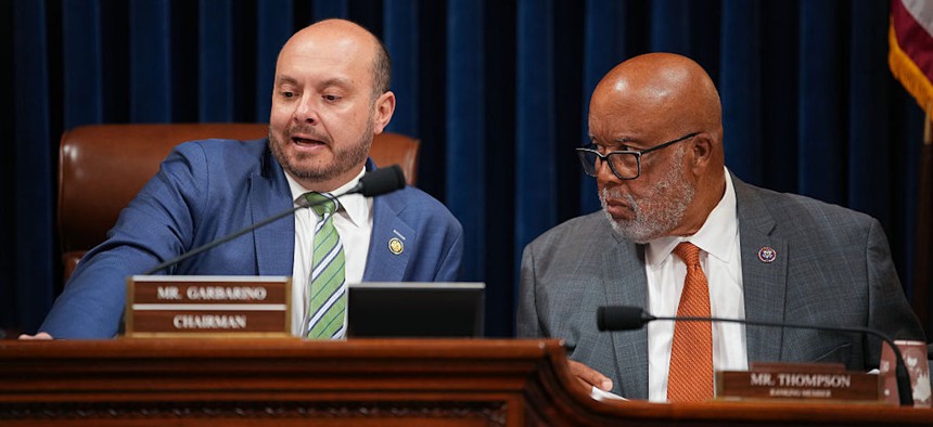 House Homeland Security Chairman Rep. Andrew Garbarino, R-N.Y., and Ranking Member Rep. Bennie Thompson, D-Miss., look on ahead of a House Homeland Security Committee hearing on Capitol Hill on March 25, 2026. On Wednesday the committee got a peek at Mythos, which was held back from a full public release on the grounds that it could pose national security risks in the wrong hands.