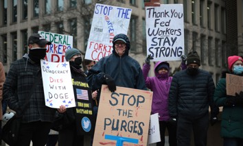 Protesters against the Department of Government Efficiency on Feb. 5, 2025, in Washington, D.C. DOGE pushed many civil servants out of government last year. 