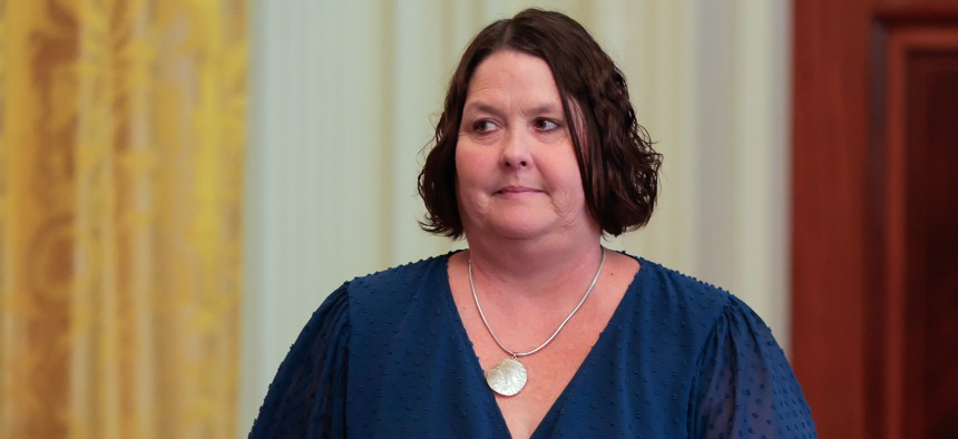 Acting Administrator of the United States Department of Government Efficiency Amy Gleason arrives for an event on Health Technology in the East Room on July 30, 2025 in Washington, DC.