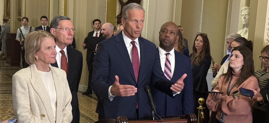 Majority Leader John Thune, seen speaking on March 3, 2026, said GOP leaders were forced to draft the package after Democrats “walked away” from negotiations that could have placed restrictions on federal immigration agents.