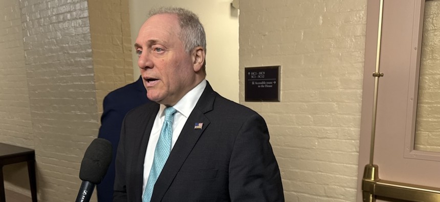 House Majority Leader Steve Scalise, R-La., speaks to reporters in the basement of the Capitol building. On Tuesday, Scalise argued that Immigration and Customs Enforcement and the Border Patrol need the additional funding so they can deport anyone in the country without proper authorization.