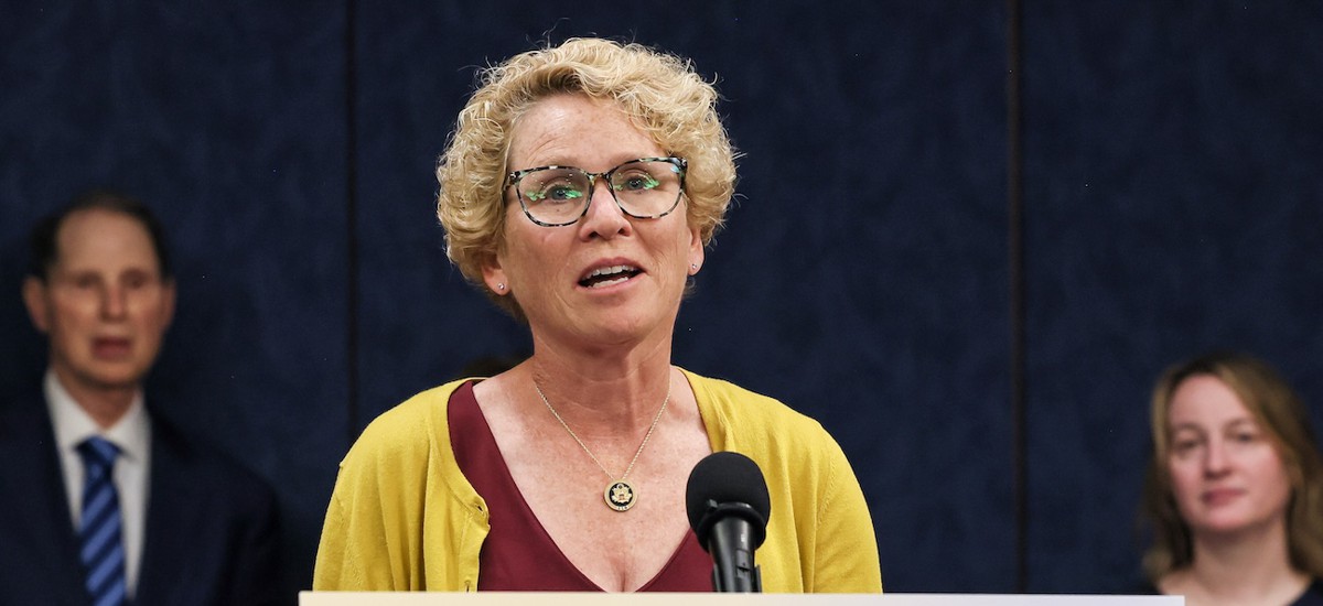 Rep. Chrissy Houlahan, D-Pa., speaks during a rally for Paid Leave for All at the U.S. Capitol on July 10, 2024. Houlahan joined Reps. Don Beyer, D-Va., Brian Fitzpatrick, R-Pa., on Thursday to reintroduce the bill expanding paid family leave for feds. 