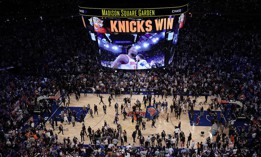 The New York Knicks celebrate their 107-106 victory against the San Antonio Spurs in Game Four of the 2026 NBA Finals on June 10, 2026 in New York City. 