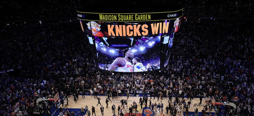 The New York Knicks celebrate their 107-106 victory against the San Antonio Spurs in Game Four of the 2026 NBA Finals on June 10, 2026 in New York City.