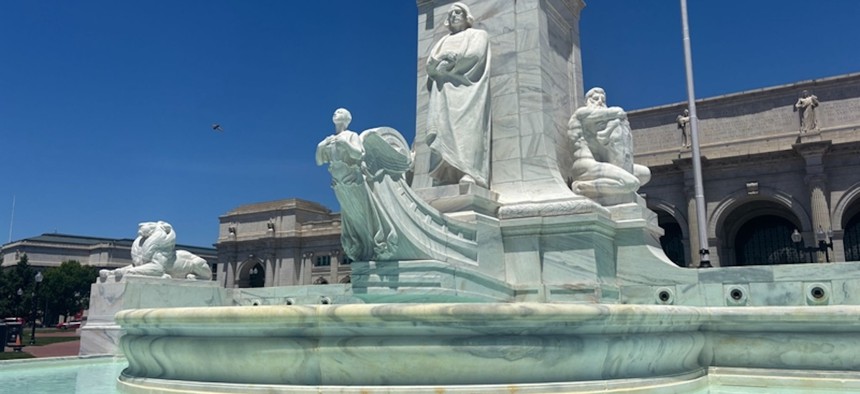The Christopher Columbus Memorial Fountain outside of Union Station in Washington, D.C., on June 16, 2026. The Columbus Circle fountain is one of nine ornamental fountains in Washington, D.C. that have recently undergone improvements reportedly funded in part by National Park Service fees.