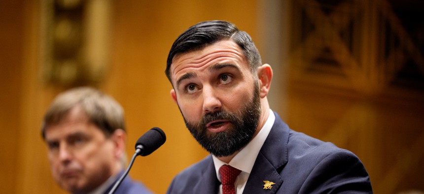Cameron Hamilton, nominee to be administrator of the Federal Emergency Management Agency, speaks during a hearing on Wednesday. He had previously been fired from serving as acting FEMA chief due to a policy disagreement with President Donald Trump.