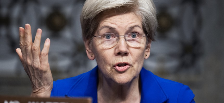 Sen. Elizabeth Warren, D-Mass., speaks during a Senate Armed Services Committee confirmation hearing on Jan. 15, 2026. Erich Hernandez-Baquero, Raytheon’s vice president for space intelligence, surveillance, and reconnaissance, was nominated by the White House to serve as the Air Force’s assistant secretary for space acquisition and integration in April.