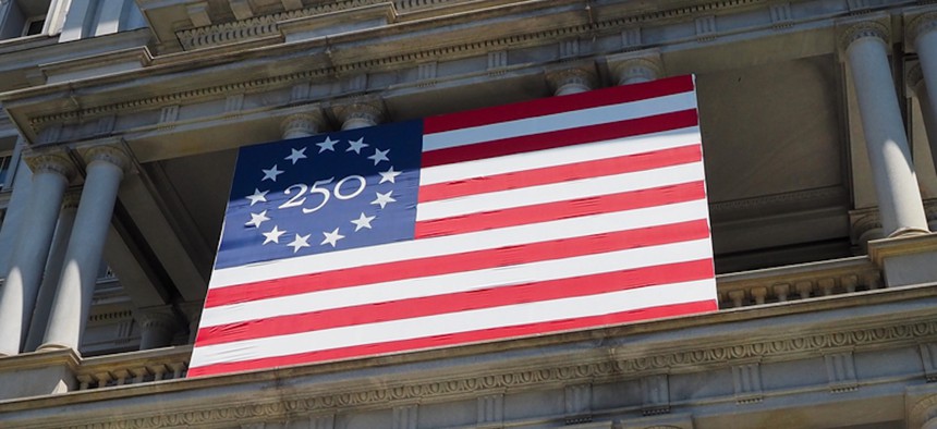 A 250th anniversary flag on the Dwight D. Eisenhower Executive Office Building, location of the vice president’s office, on 17th Street NW in Washington, D.C., on May 5, 2026. 