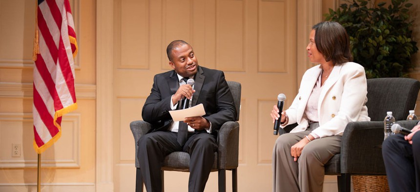 National Academy of Public Administration President and CEO James-Christian Blockwood interviews Washington, D.C., Mayor Muriel Bowser at the “Celebration of the American Public Servant” gala at the Library of Congress on Monday. 