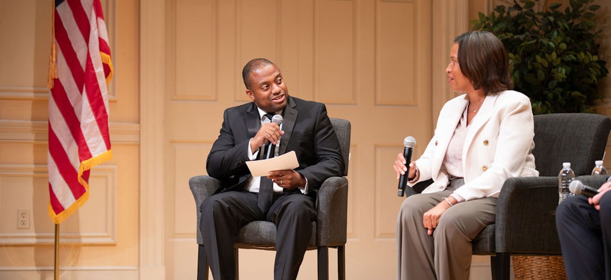 National Academy of Public Administration President and CEO James-Christian Blockwood interviews Washington, D.C., Mayor Muriel Bowser at the “Celebration of the American Public Servant” gala at the Library of Congress on Monday. 