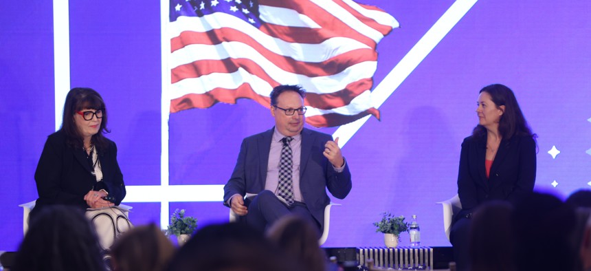 Arron Helm, the chief human capital officer for the General Services Administration, said at SAP NOW on June 24 that AI has helped reduce the amount of time it takes to develop job classifications from up to eight hours to two hours. He spoke alongside Colleen Heller-Stein Executive Director Chief Human Capital Officers Council (right) and Andrea Iovine, Senior Vice President & Chief Revenue Officer, HCM SAP America. 