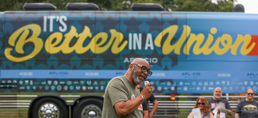 Everett Kelley, national president of the American Federation of Government Employees, speaks during a rally outside a Social Security Administration building in Wilkes-Barre, Pa., on Aug. 14, 2025. AFGE is part of a coalition of federal employee unions that sued to block the new rules.