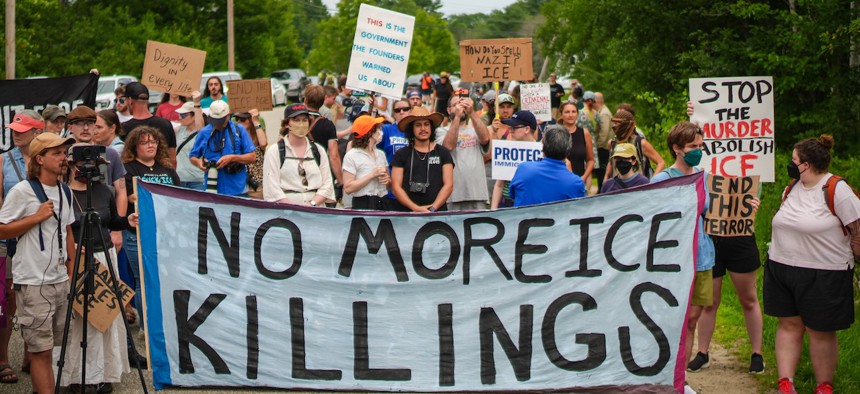 People protest outside of a federal immigration office in Scarborough, Maine, on July 14, 2026, after a man was fatally shot a day earlier in Biddeford, Maine, by U.S. Immigration and Customs Enforcement agents. The victim has been identified as Joan Sebastian Guerrero, a 26-year-old man from Colombia.