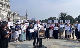 Sen. Chris Van Hollen, D-Md., speaks at a press conference on Thursday in front of the Capitol Building against layoffs at the State Department. 