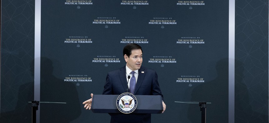 Secretary of State Marco Rubio speaks at an event titled "Ministerial on the Resurgence of Political Terrorism" at the State Department on July 16, 2026.