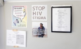 Health flyers educating about HIV prevention in a mobile unit at the Detroit Recovery Project, a nonprofit helping communities grappling with drug and alcohol addiction, as well as other marginalized groups on Aug. 5, 2025 in Detroit.