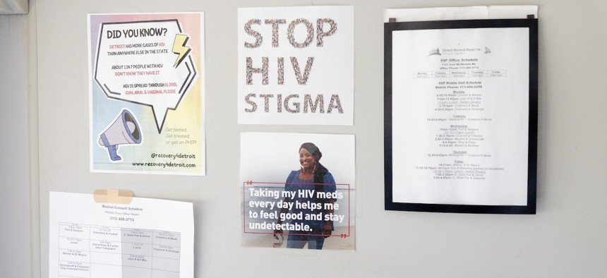 Health flyers educating about HIV prevention in a mobile unit at the Detroit Recovery Project, a nonprofit helping communities grappling with drug and alcohol addiction, as well as other marginalized groups on Aug. 5, 2025 in Detroit.