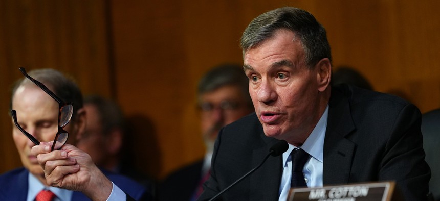 Sen. Mark Warner, D-VA, speaks at the confirmation hearing for Jay Clayton before the Senate Intelligence Committee during his July 15, 2026, nomination hearing on Capitol Hill.