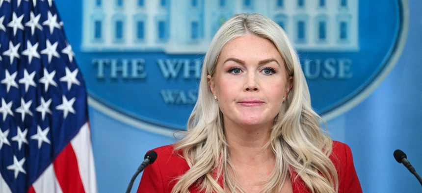 White House Press Secretary Karoline Leavitt speaks during a press briefing at the White House on July 23, 2026. She is one of the administration officials who is a subject of a Hatch Act complaint by Citizens for Responsibility and Ethics in Washington.