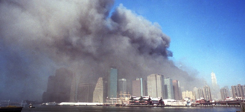 The Downtown Manhattan skyline viewed from Brooklyn on Sept. 11, 2001.