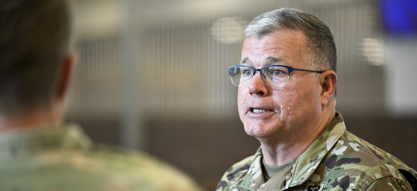 U.S. Army Lt. Gen. Mark Simerly, Defense Logistics Agency director, visits with service members at Defense Supply Center Richmond, Virginia, in 2024.