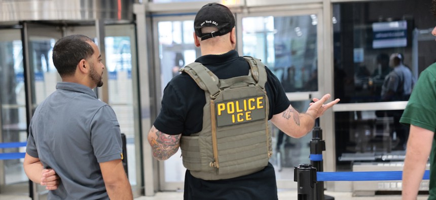 Immigration and Customs Enforcement stand guard outside of their New York field office on Sept. 1, 2026, in New York City. The agency hasn't had a confirmed director since 2017.