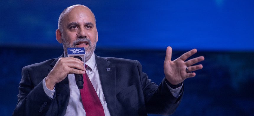 Erich Hernandez-Baquero, assistant secretary of the Air Force for space acquisition and integration, speaks during the 2026 Air and Space Forces Association Air, Space & Cyber Conference on Sept. 15.