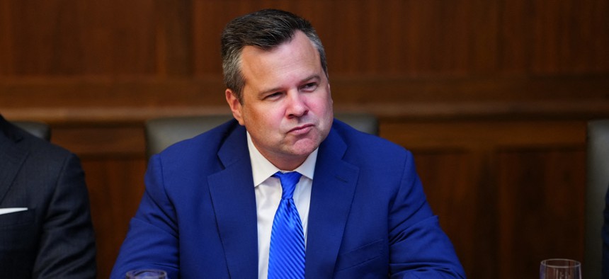 Federal Housing Finance Agency Director Bill Pulte attends a Cabinet meeting, while he was serving as acting director of national intelligence, at Camp David in Maryland on July 31. 