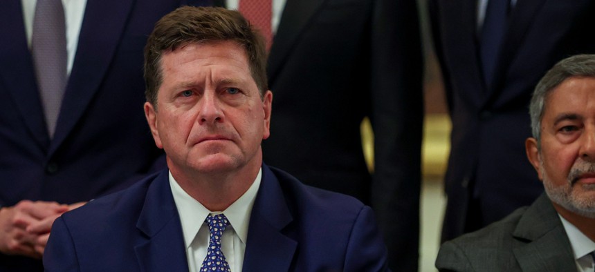 U.S. Director of National Intelligence Jay Clayton attends a meeting on artificial intelligence in the East Room of the White House on Sept. 29, 2026 in Washington, D.C. Officials have faced mounting pressure over the past six months to respond as a new generation of sophisticated, autonomous AI models demonstrating advanced cybersecurity capabilities have repeatedly circumvented or escaped established technical safeguards.